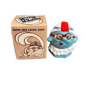 Super Jock Saving Bank Swimmer With Box New Great Condition Blue  4" tall